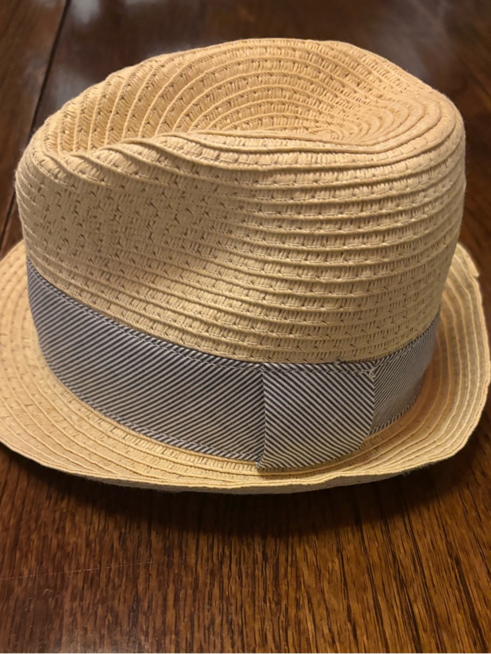 Old Navy Beige Straw Fedora with Blue-Gray Band